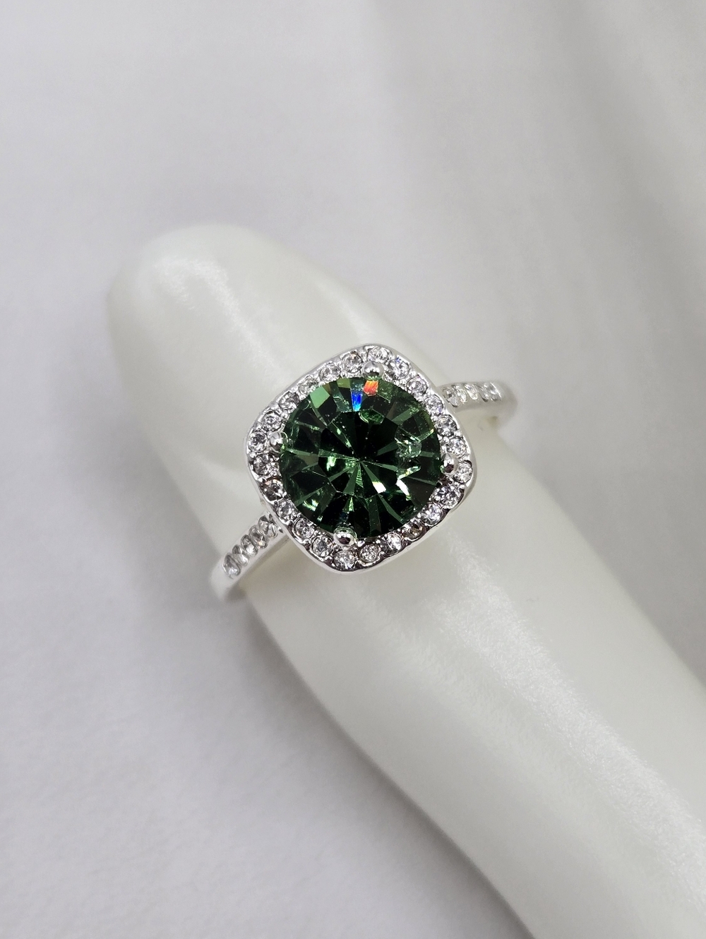 Swarovski Green Crystal Halo Ring in Silver Tone